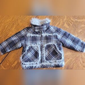 Plaid Kids Jacket with Faux Fur Trim